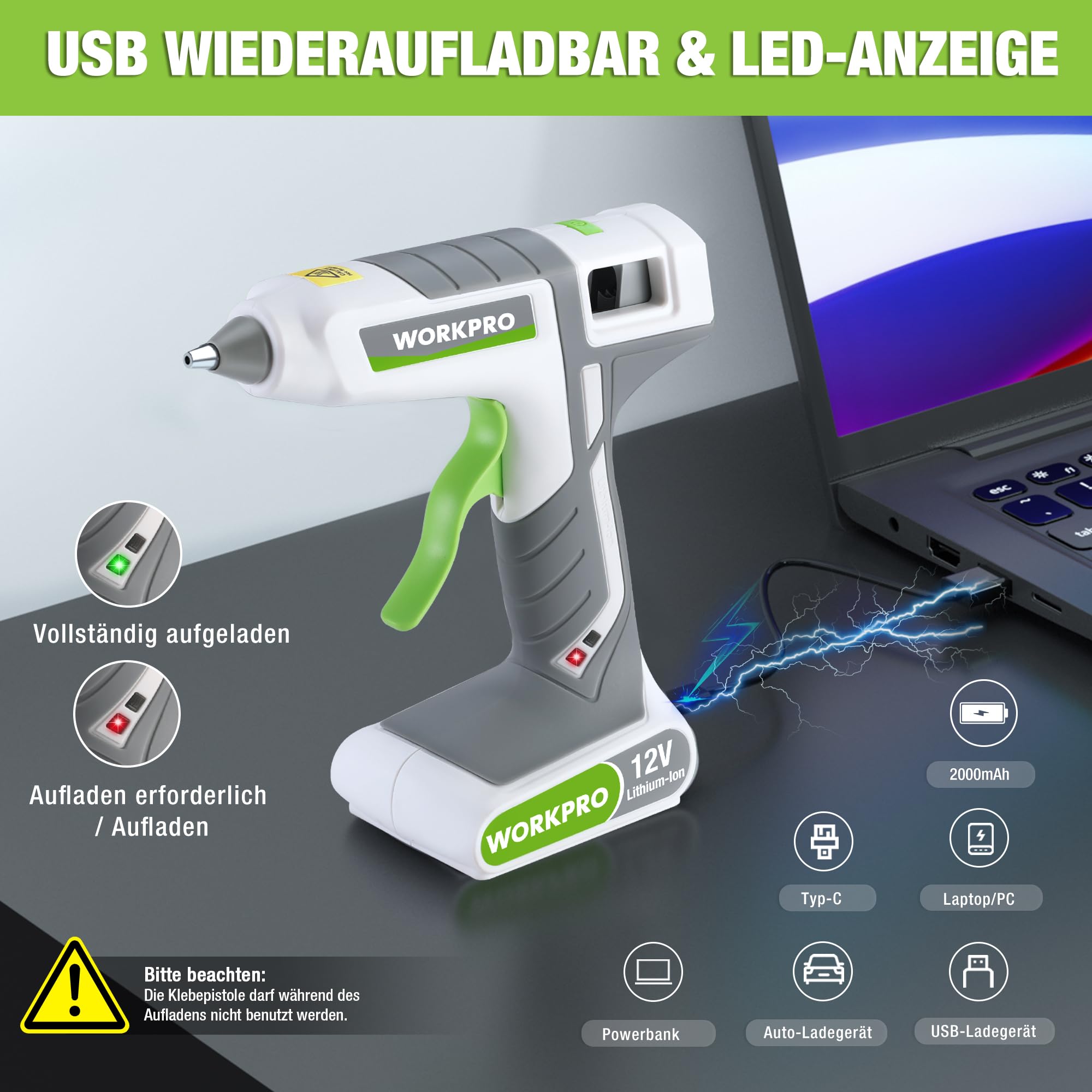 WORKPRO Heißklebepistole Akku kabellos 12V, Akku Klebepistole mit 15 Klebesticks(11 * 200 mm), Schnelles Aufheizen, USB-Aufladung, kabellose Heißklebepistole für Handwerk, Dekoration