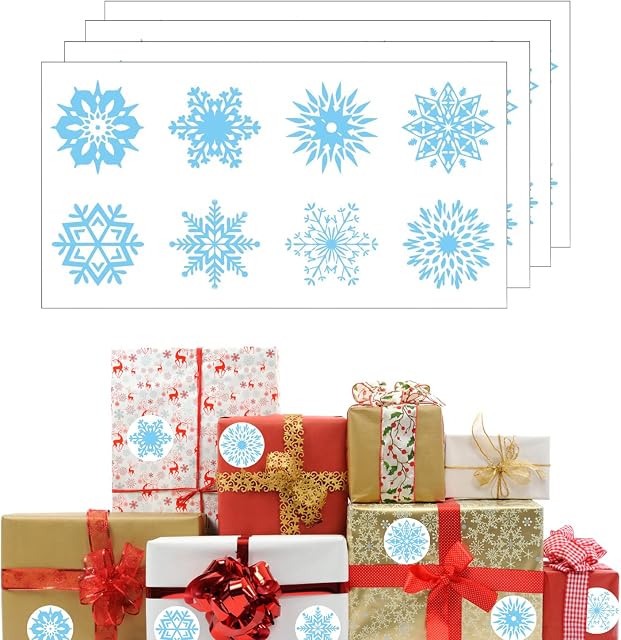 Snowflake Stickers, 32PCS 4 Sheets Christmas Stickers Snow Stickers Christmas Snowflake Stickers Christmas Craft Stickers for Envelope Cookie Candy Bag Gift Card Seals Decorate Baking Treat Bags
