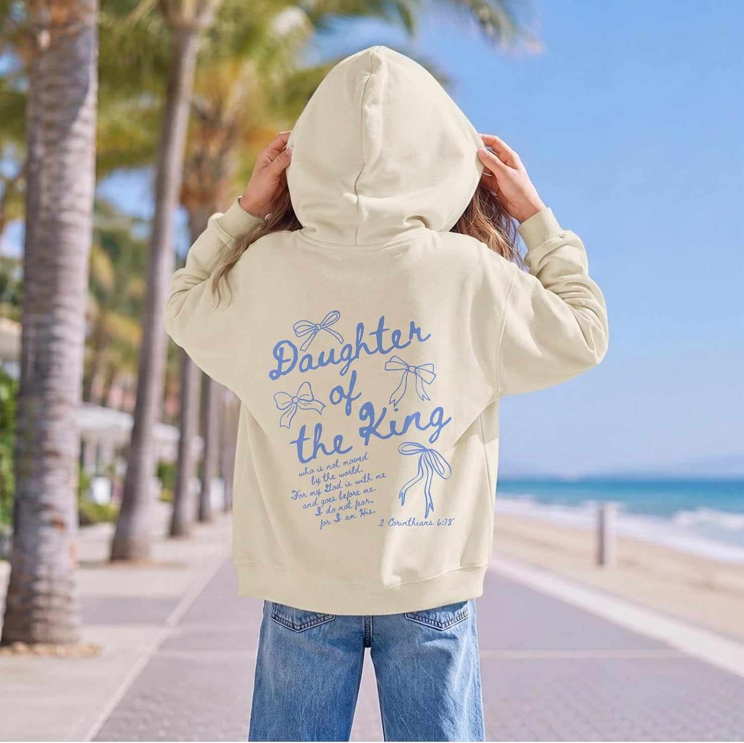 Fkatuzi Girls Christian Graphic Hoodies Cute Bow Hoodie Faith Jesus Sweatshirt Kids Bible Verse Daughter Of The King Pullover