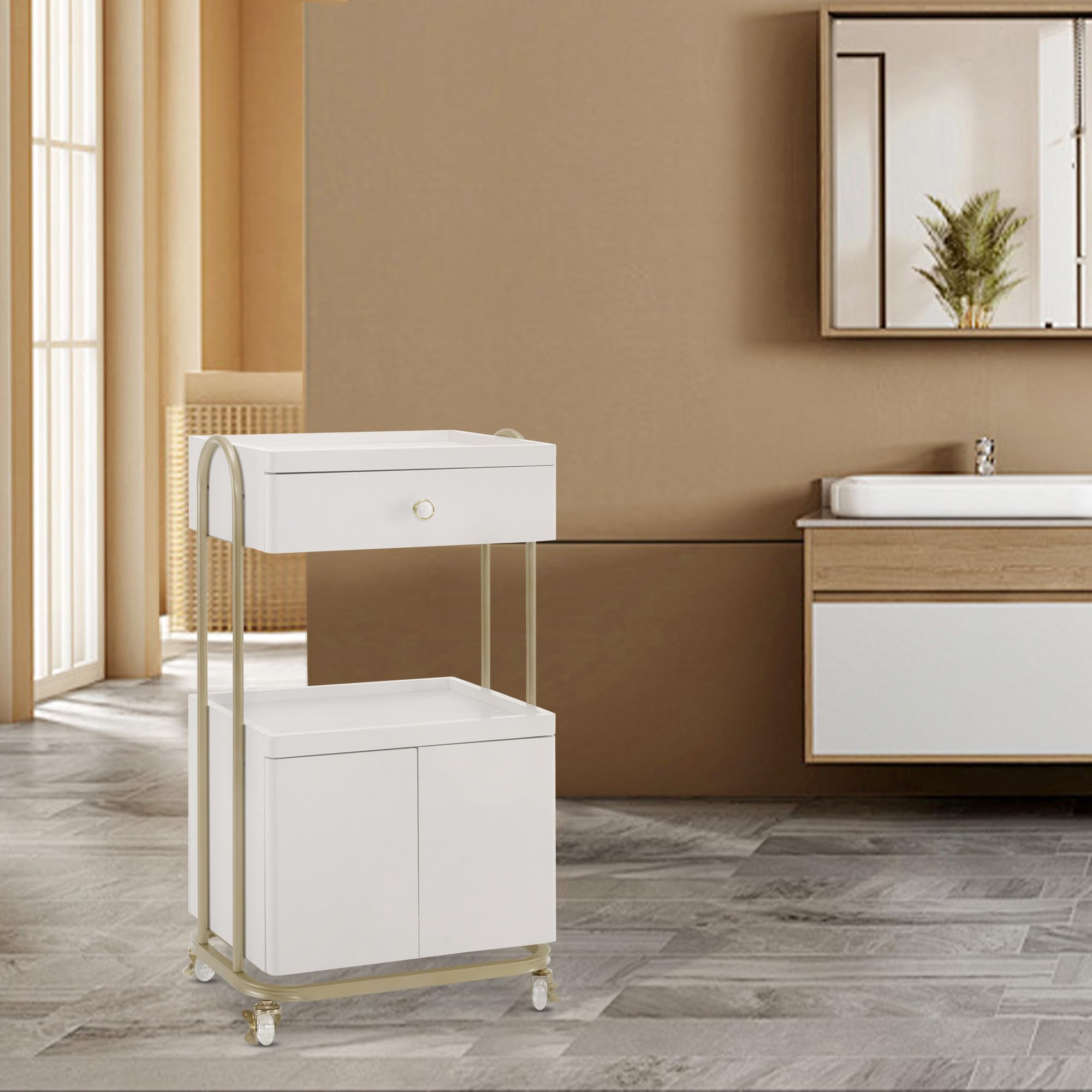 BarberPub Salon Trolley with Universal Wheels, Storage Rolling Cart with Drawer, Barber Shop Tool Organizer for Hair Stylist, SPA Metal Trolley for Storing Skin Cosmetics 2074 (White)