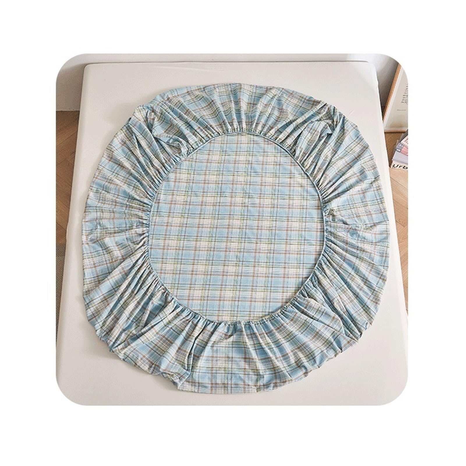 Prześcieradło z gumką w kratę Łóżko 90x200cm do 200x220cm 100% bawełna sprana super miękka i oddychająca o głębokości 25 cm (niebieski, L, 180 x 200 + 25 cm)