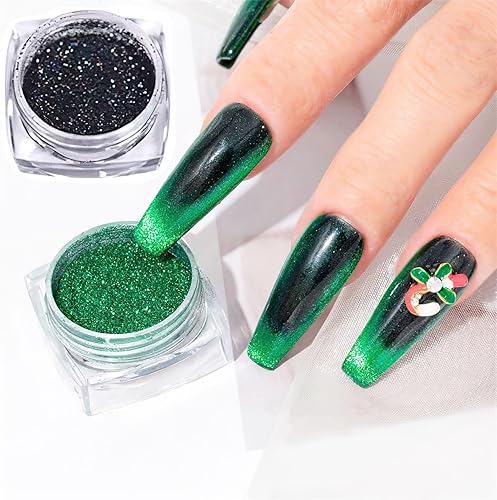 Miniatura 1 de AUOCATTAIL 2 frascos de polvo reflectante brillante para uñas con purpurina láser fino de metal mágico espejo polvo súper brillante verde negro uñas