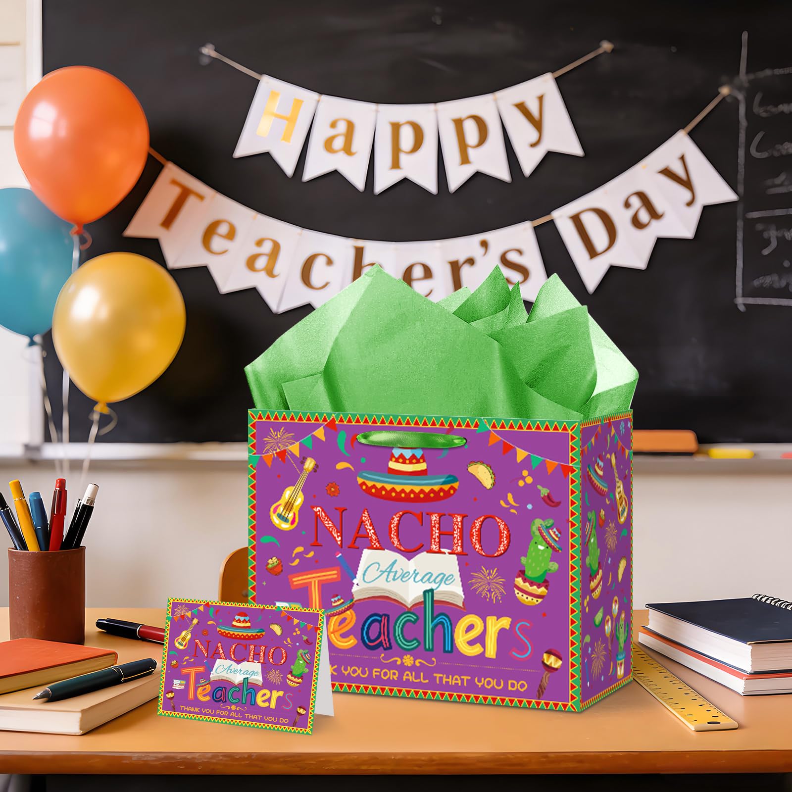 Woosytoo Nacho Average Teacher Appreciation Gift Bag with Wrapping Paper Card Mexican Fiesta Teacher Appreciation Week End of Year Thank You Gifts for Women Men Educators Daycare Tutors Best Presents