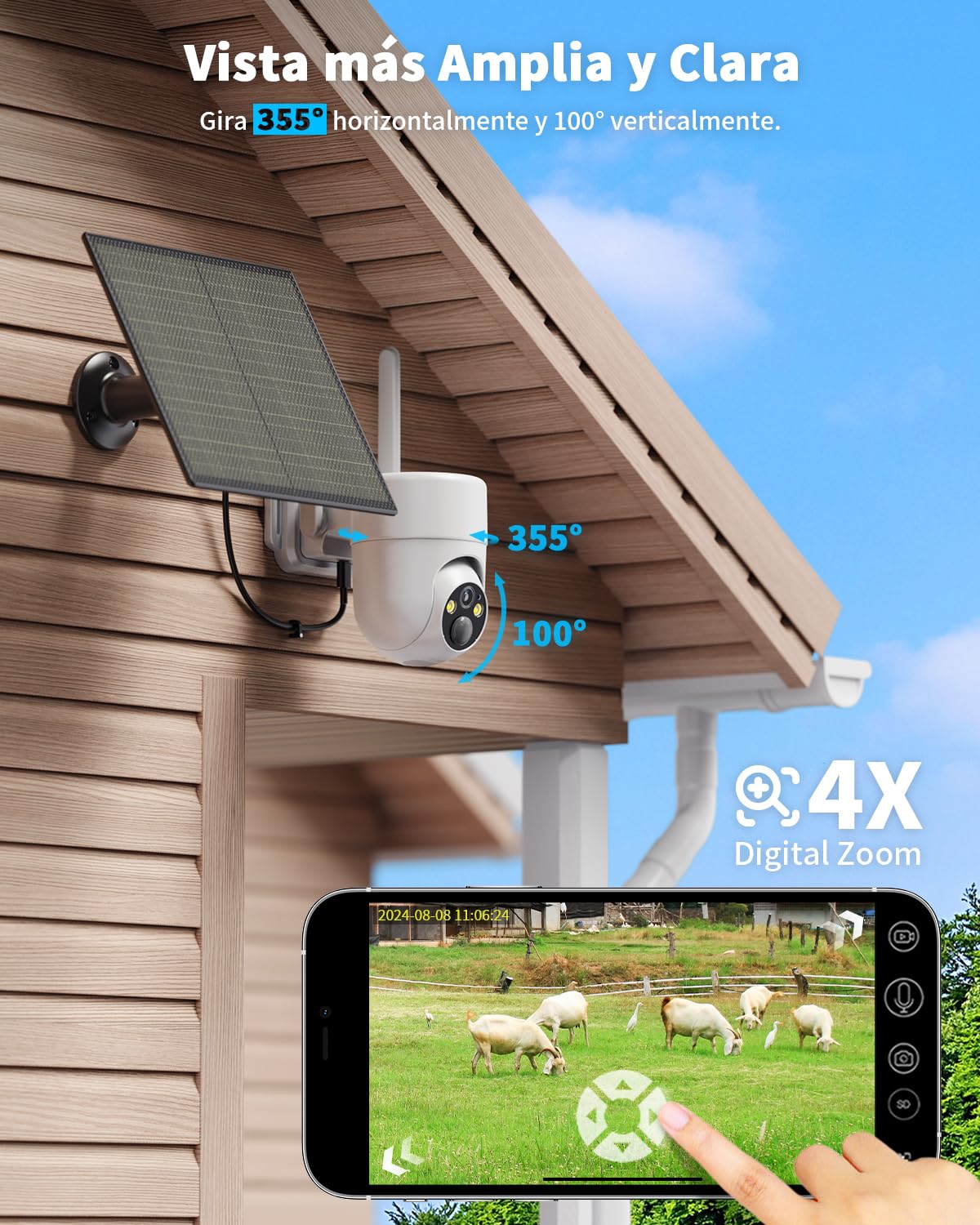 SEHMUA 4G LTE Camara Vigilancia Exterior con Panel Solar, 2K PTZ Cámara Vigilancia con Tarjeta Sim, Detección Humana PIR, Visión Nocturna, IP66 Impermeable, PTZ 355°/90°, Audio de Dos Vías