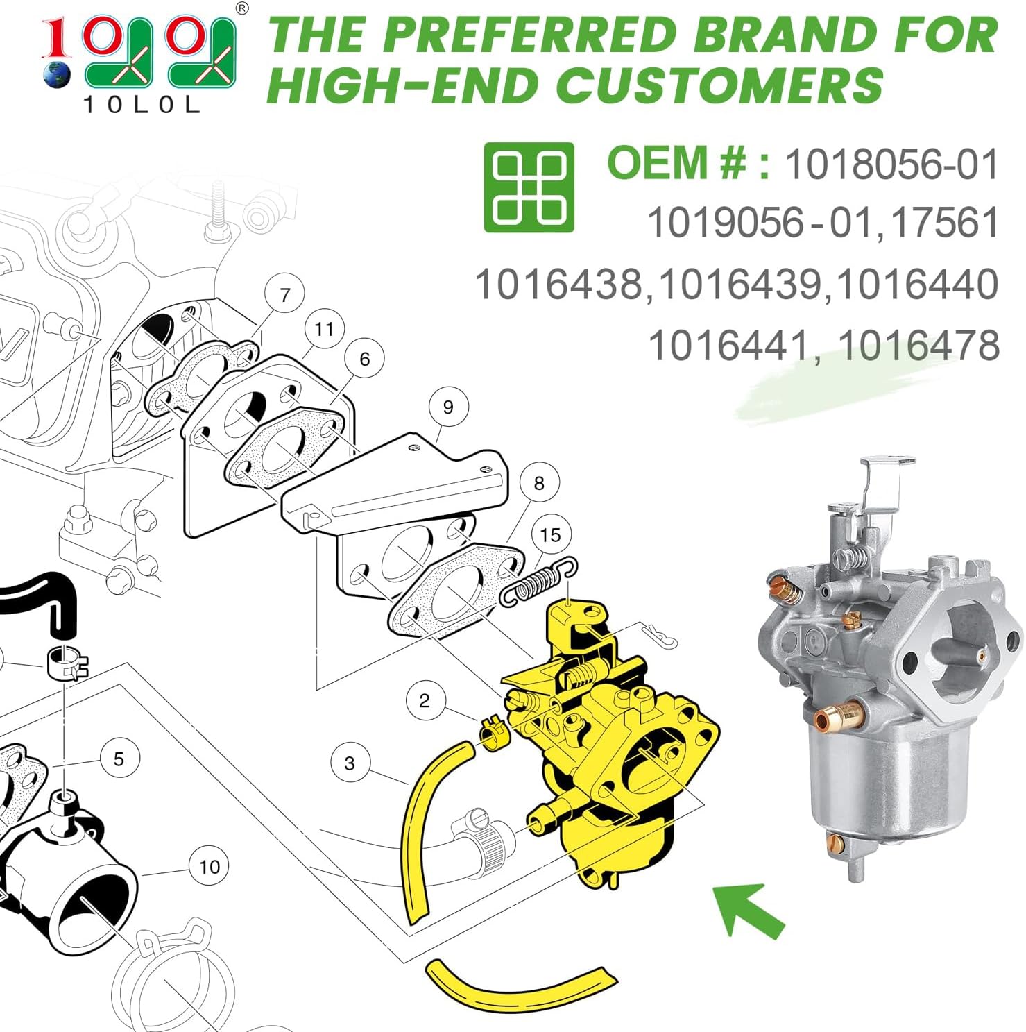 10L0L Golf Cart Carburetor Kit Compatible with Club Car DS, Precedent, Turf, Carryall & Kawasaki FE290 Engine, OEM# 101805601 101905601 17561 1016438 1016439 1016440 1016441 1016478