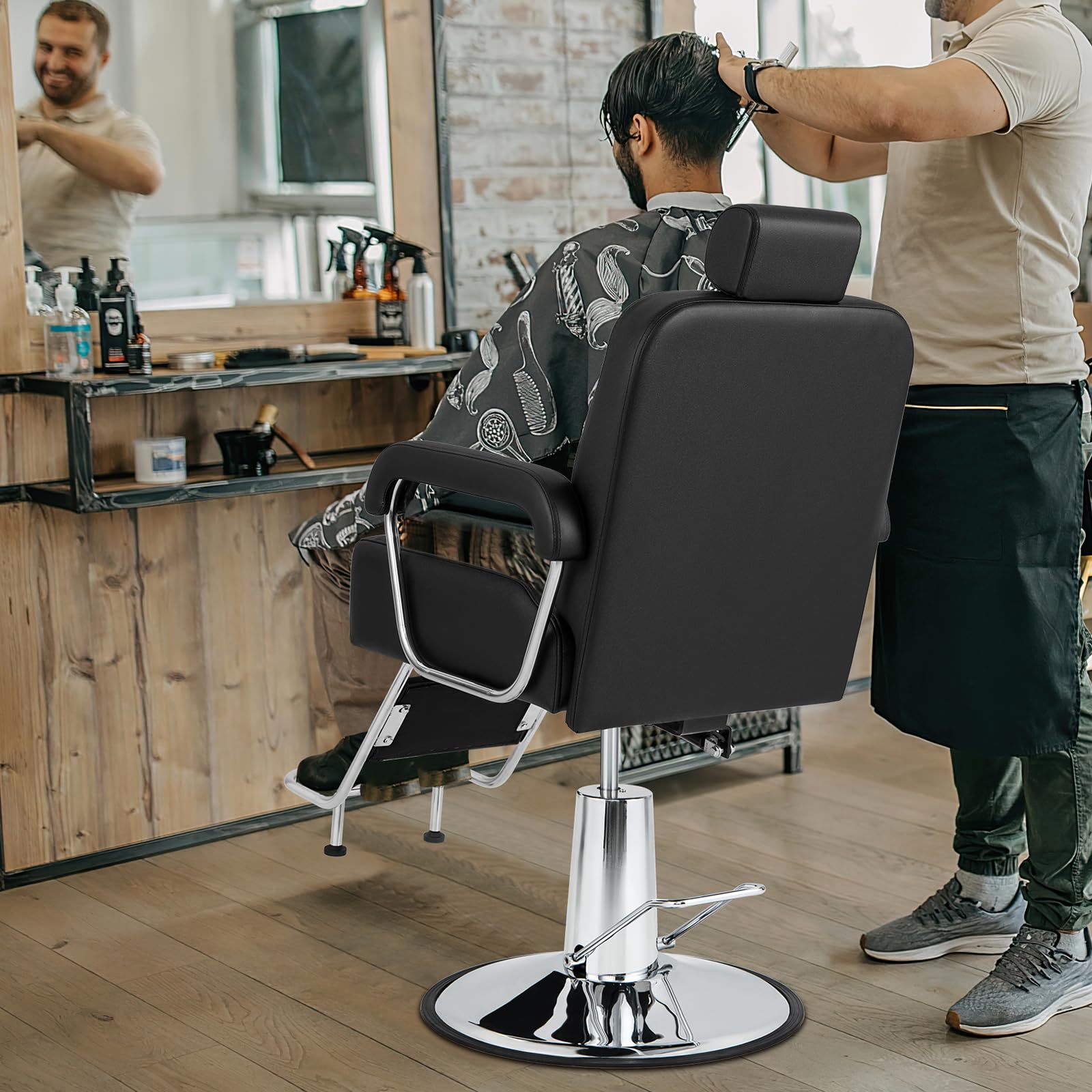 RELAX4LIFE Poltrona Parrucchiere, Sedia Barber 360° in Pelle PVC con Braccioli/Poggiapiedi, Schienale 100°-135°, Poggiatesta/Altezza Regolabile, Max 150KG per Salone (Nero, 106x60x(108-121) cm)