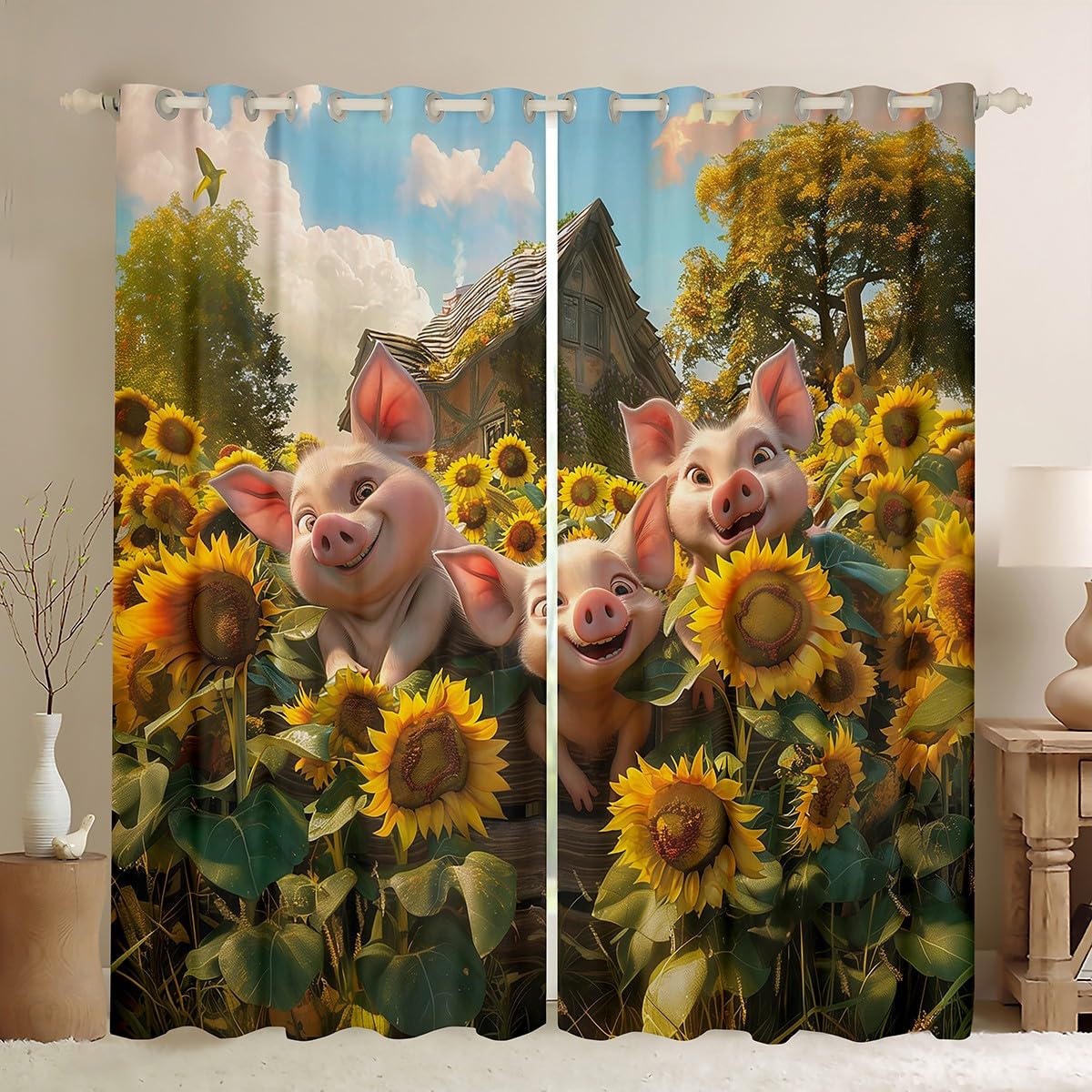 Cortinas de cerditos rosas infantiles con ojales para habitación de granja Manfei