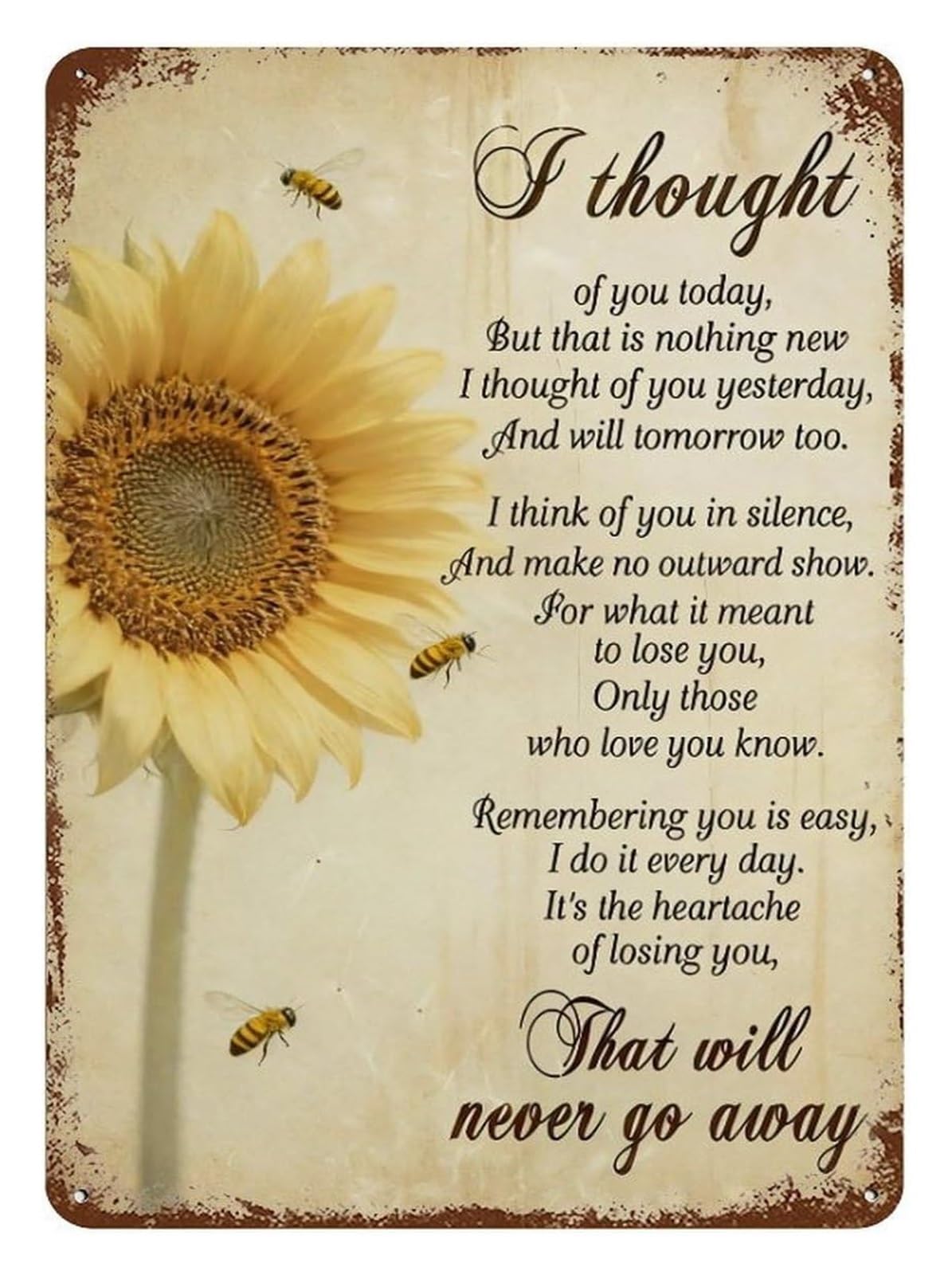 IDGTTLDF I Thought of You Today Bereavement Metal Sign Sunflower Bee Tin Plaque Comforting Memorial Quote Wall-Art for Garden Shed Sunroom 8 X 12 inch