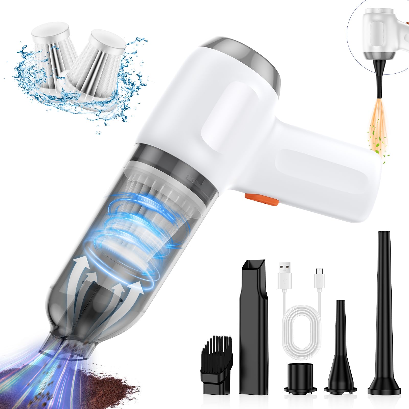 Opinta Mini Vacuum Cleaner for Car with 2 Pcs Filter, 3 in1 Wireless Handheld Car Vacuum Rechargeable 8000PA High Power, Keyboard Vacuum & Air Blower & Hand Pump for Home & Office, Inflate SwimRing