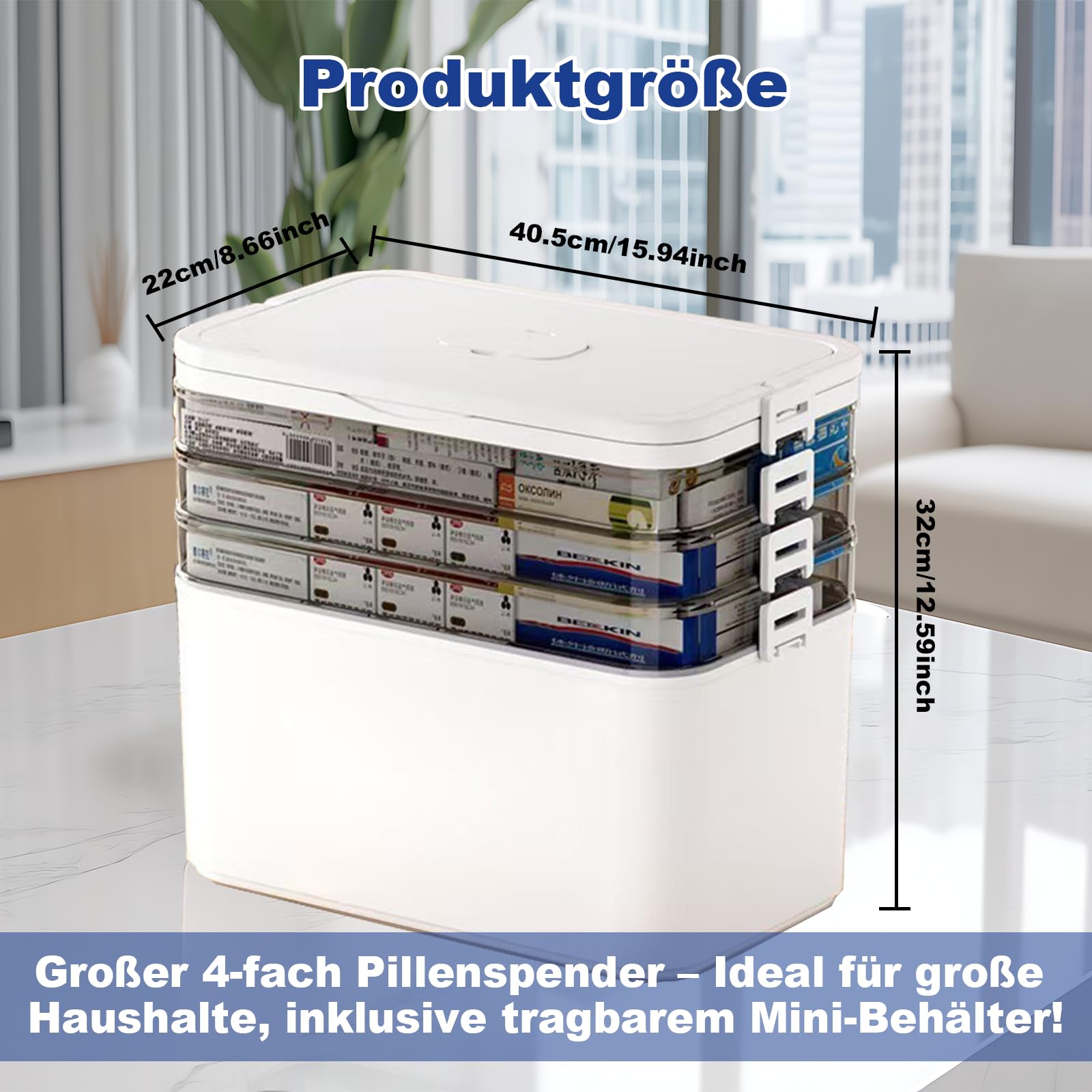 40,5 x 22 x 32 cm grande 4 capas organizador de medicamentos – Caja de medicamentos con tapa, armario transparente para medicamentos, primeros auxilios, hogar y farmacia