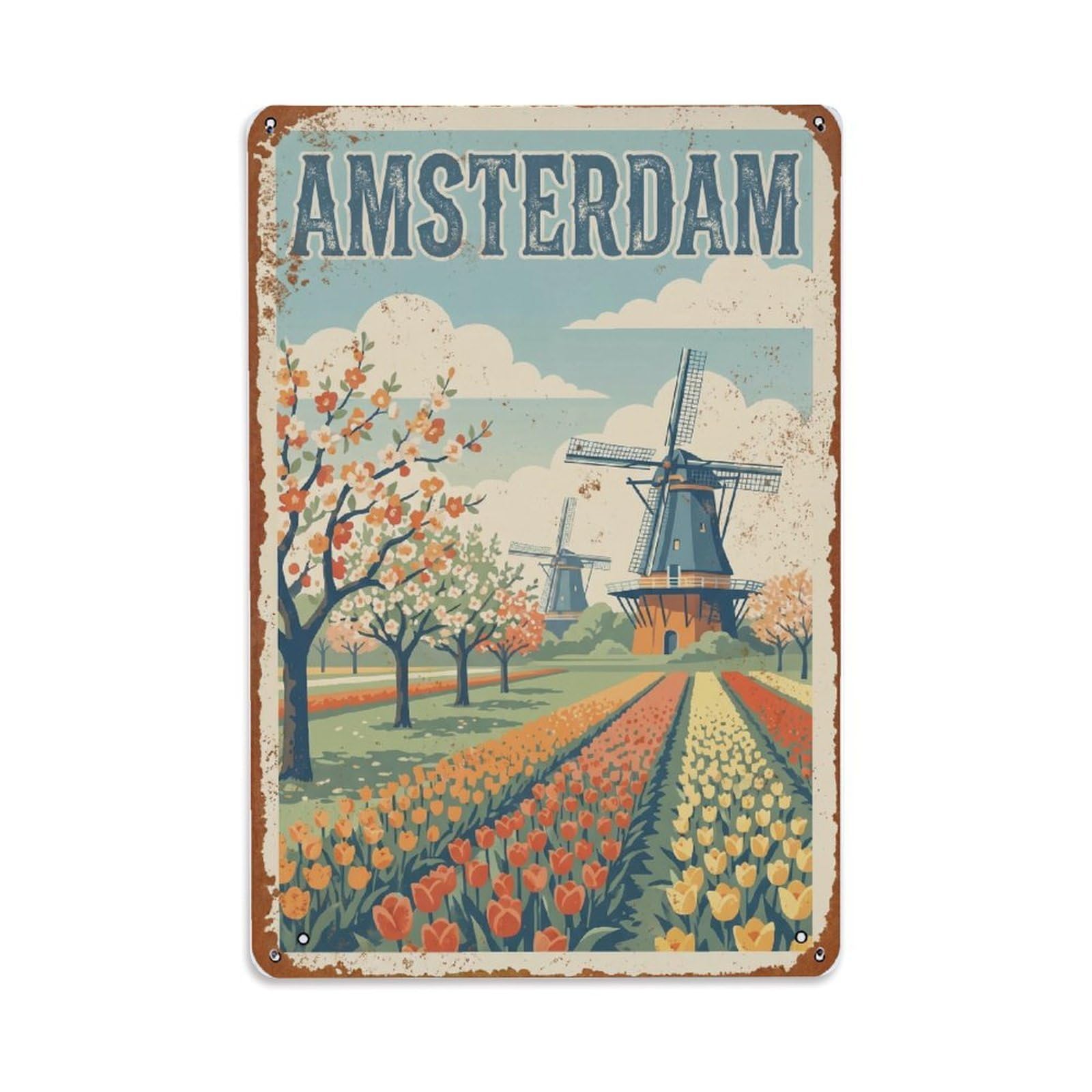 Vintage Travel Orchard Netherlands Blooming Metal Tin Sign Plaque Wall Decor for Cafe, Club Bar, Office, Home Garden Metal Poster 8x12Inch