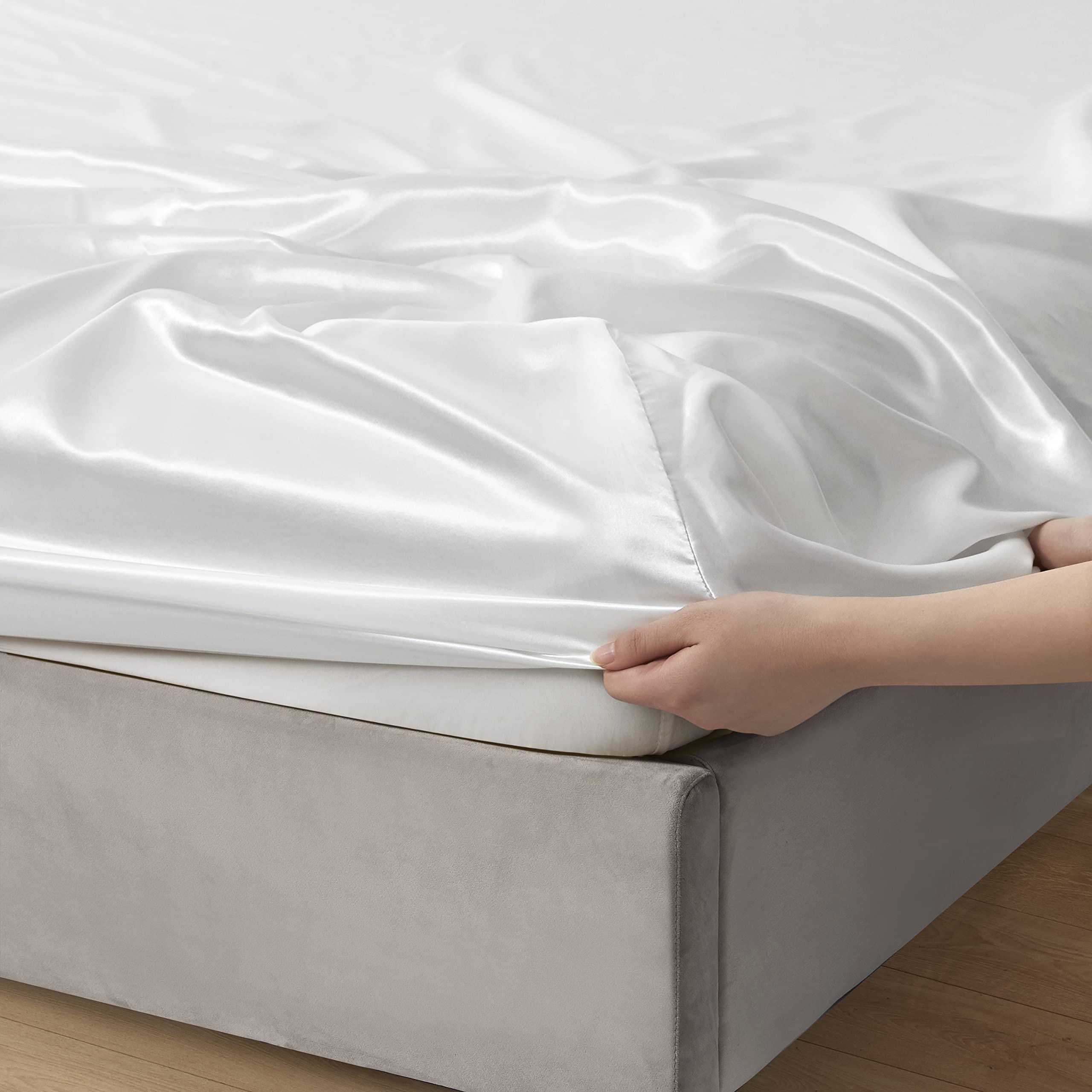 Drap-housse en satin pour lit double, blanc
