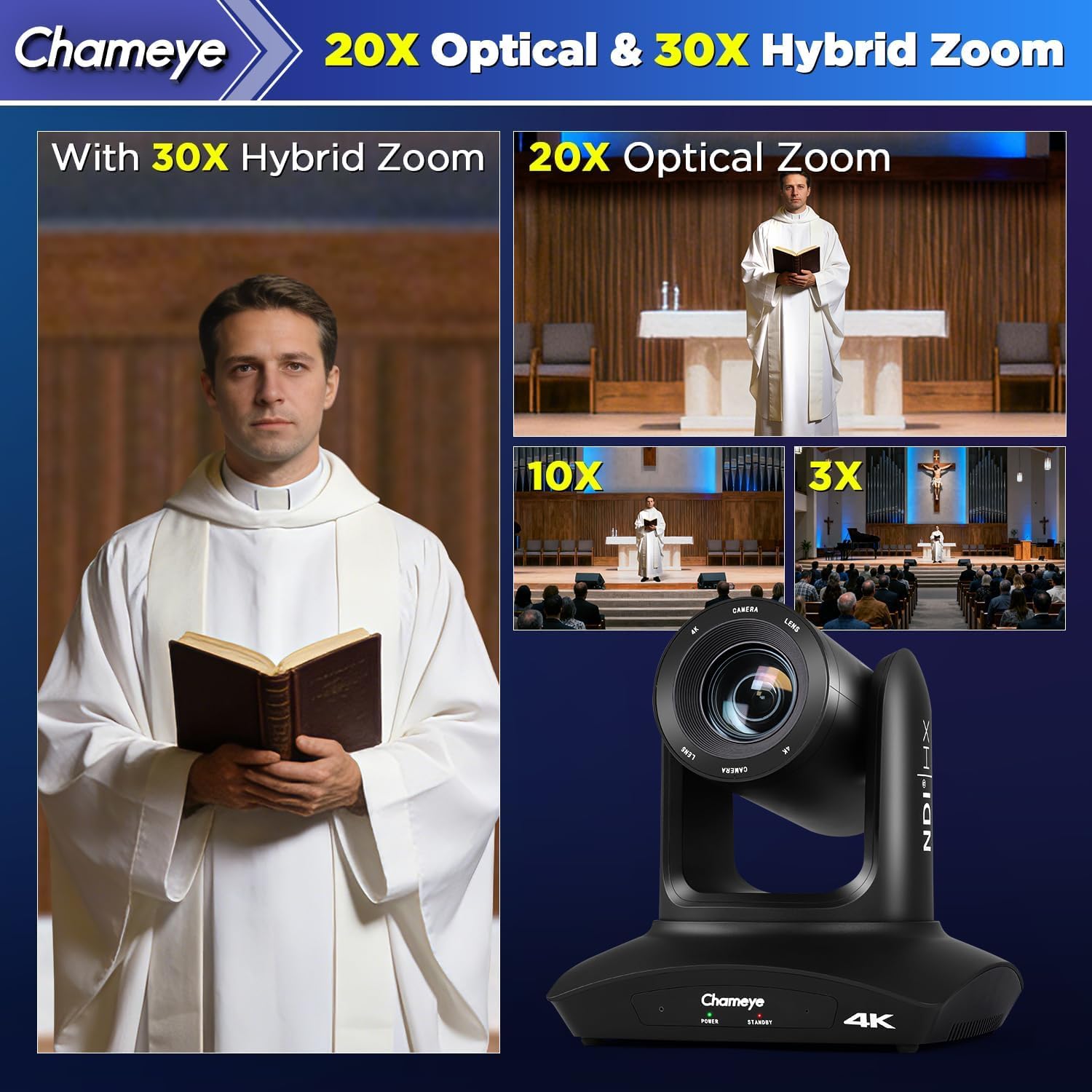 Chameye Telecamera PTZ 4K con NDI, Tracciamento AI-Automatico, Zoom Ottico 20X (Zoom ibrido 30x), Certificazione NDI HX, HDMI/USB 3.0/LAN, per Chiesa, Culto, Istruzione, Conferenze, Nero (C420T)