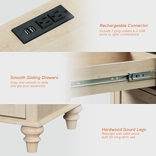 Miniatura 15 de WAMPAT Mesa auxiliar con estación de carga, mesa auxiliar de madera con cajón y armario de almacenamiento, mesa auxiliar moderna con tomas de