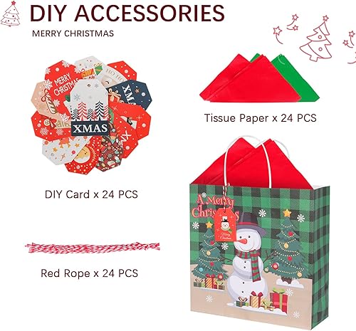 Miniatura 5 de WONDAY 24 bonitas bolsas de regalo de Navidad de varios tamaños, 6 grandes, 6 medianas, 12 bolsas de papel pequeñas con asas, cada bolsa de Navidad