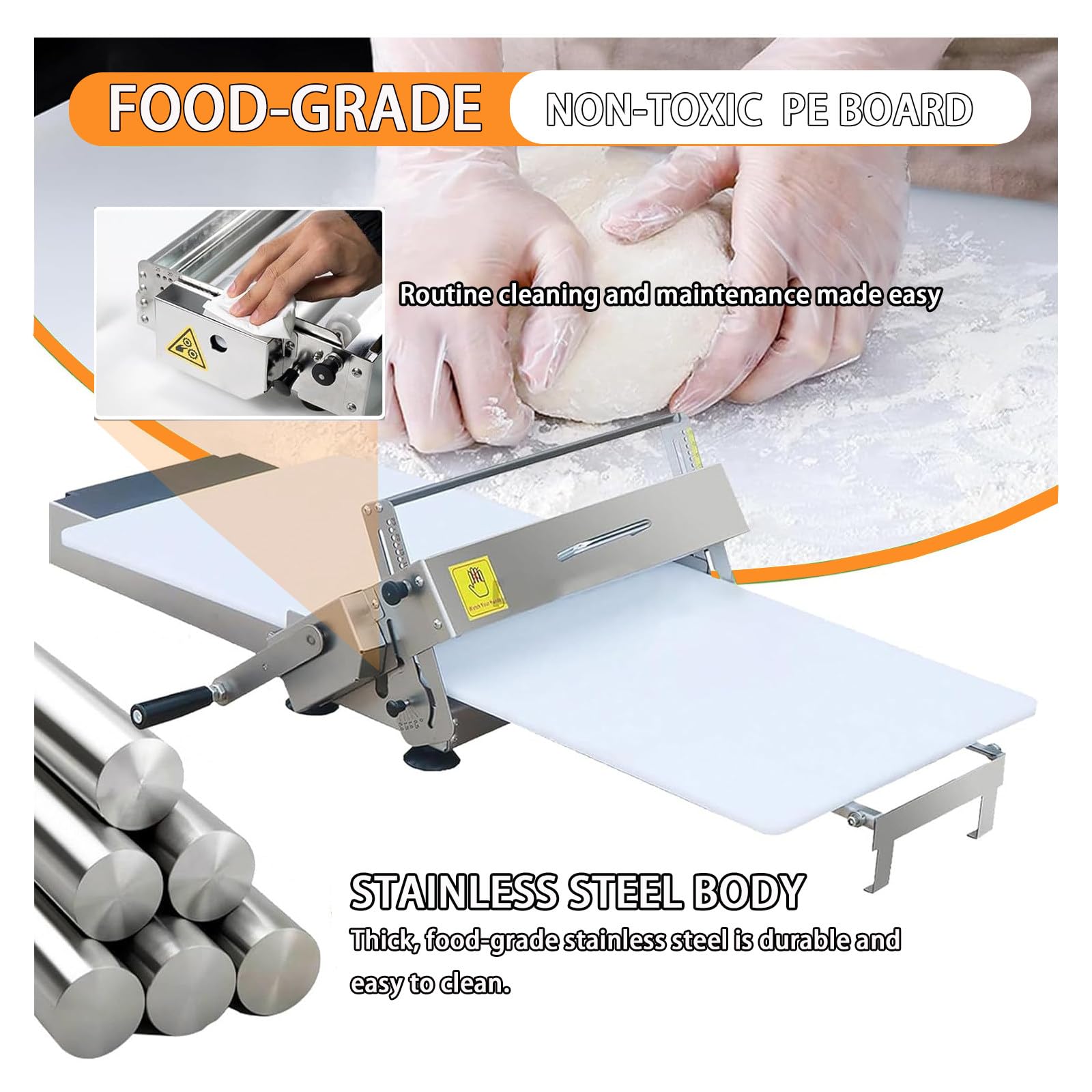 Sfogliatrice Professionale a Rulli Pizza, Sfogliatrice per Pasticceria, Macchina Pasta Fresca, Acciaio Inox + PE, per Panetterie Commerciali e Domestiche TYPE300