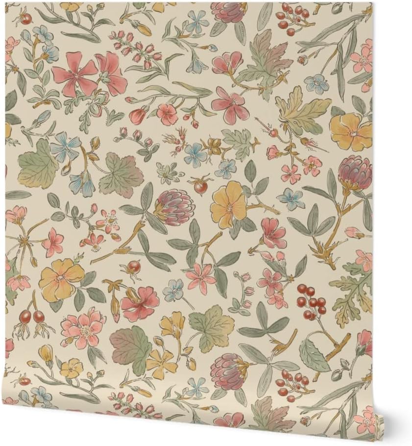 Spoonflower Peel & Stick Wallpaper 6ft x 2ft - Floral Watercolor Vintage Flowers Retro Antique Custom Removable Wallpaper
