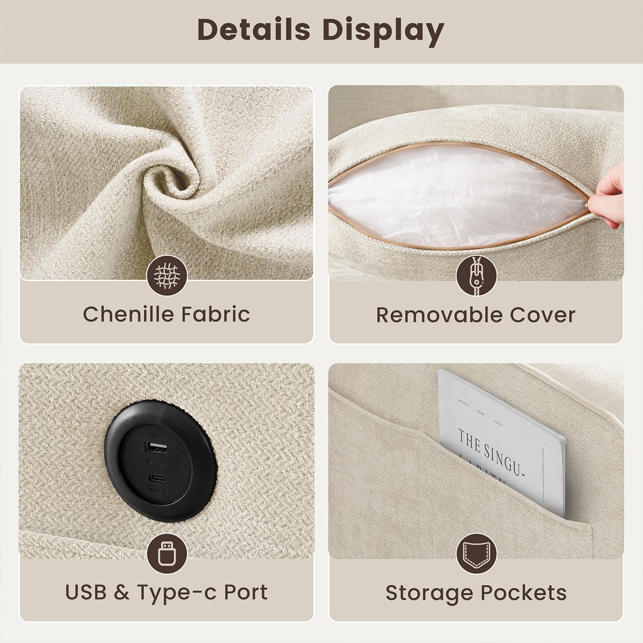 DUANDUAN Sofá seccional Convertible 250 cm con Almacenamiento en Chaise, Moderno diseño Reversible en Forma de L, cómodo Tejido de Chenilla, Fundas de Almohada Desmontables, Puertos USB Tipo C Beige