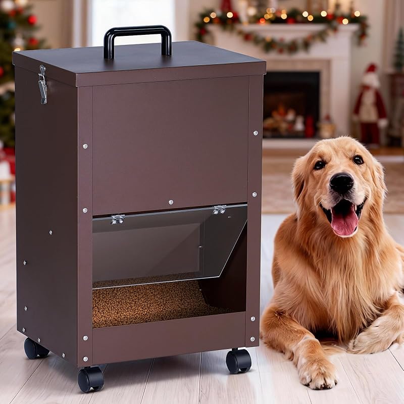 Comedouro automático por gravidade para cães em metal galvanizado NAOEDEAH com rodas – capacidade informada de 20,4 kg