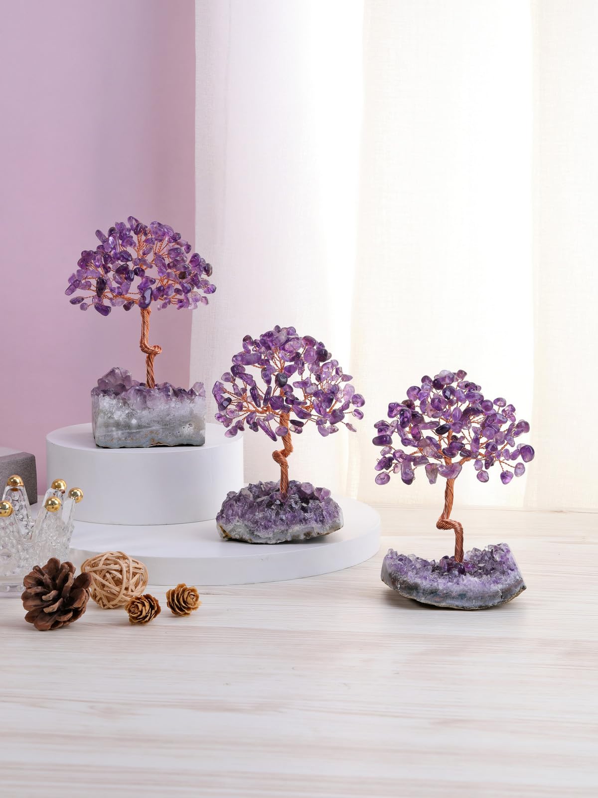 Top Plaza Amethyst Crystal Tree Healing Crystal Stones Wrapped on Natural Raw Amethyst Cluster Base Handmade Gemstone Life Tree Mini Money Trees Home Office Desk Decor Good Luck