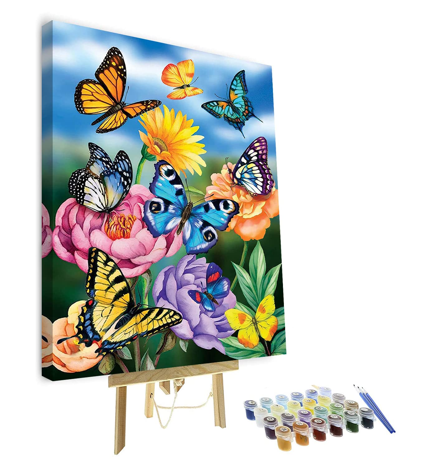 Pintura Por Números Para Adultos Con Marco – Lienzo De Flores Y Mariposas, Kit En Caja Regalo Con Acrílicos Y Pincel, Decoración DIY