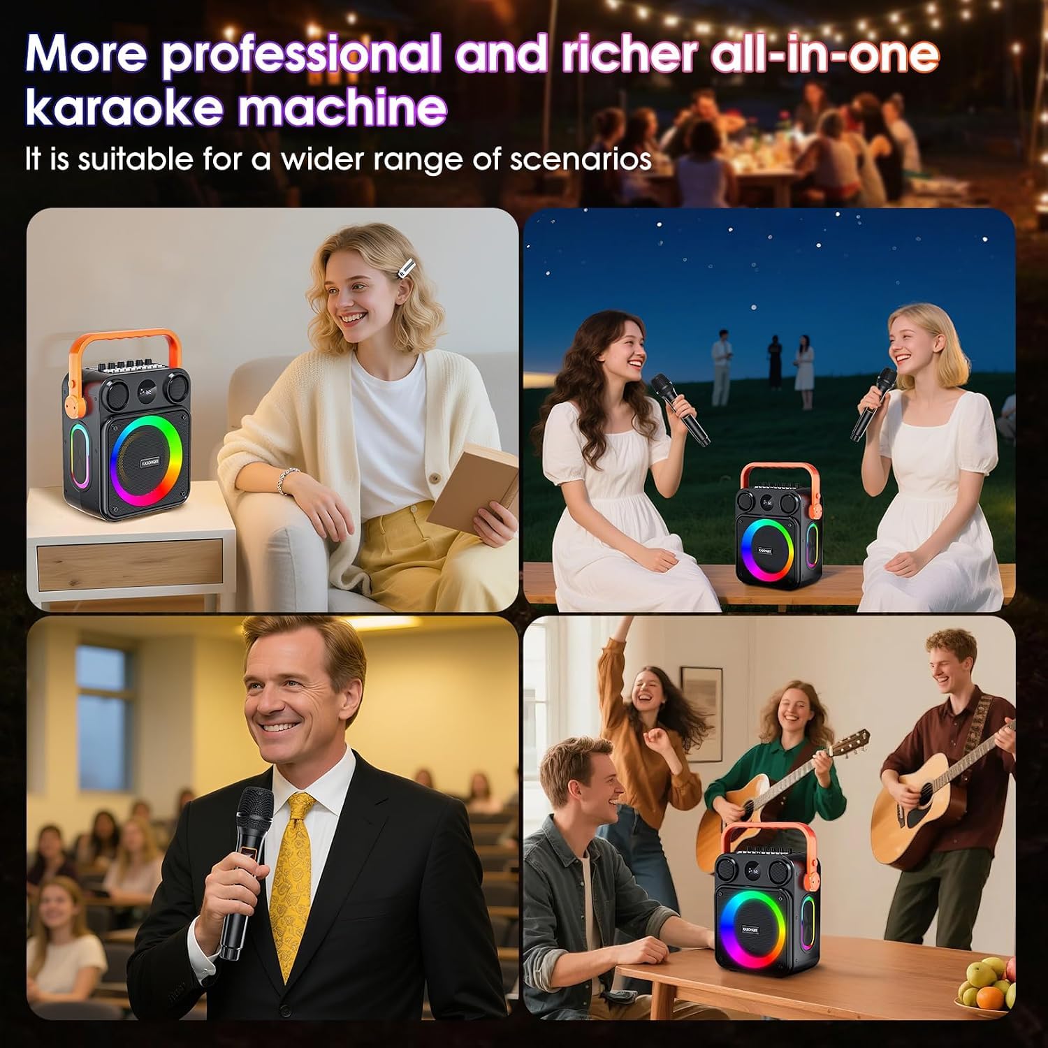 Karaoke-Maschine für Erwachsene, tragbarer Bluetooth-Karaoke-Lautsprecher mit zwei kabellosen Mikrofonen, 3,7-V-Lautsprecher, unterstützt TWS, TF-Karte/USB, AUX-Eingang, REC, Bass und Höhen für