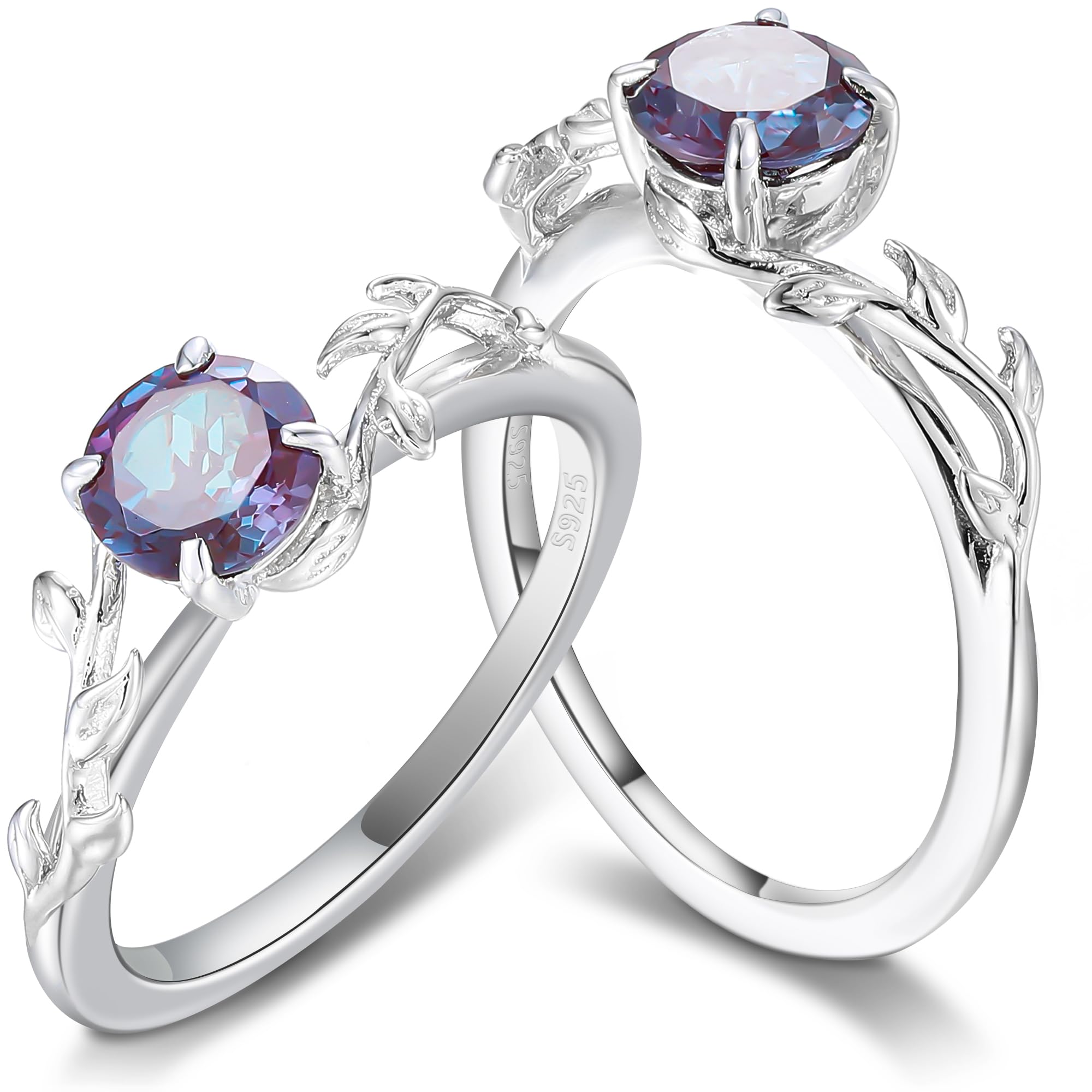 IRROYASolitaire Green 1 Carat Alexandrite Stone Leaf Silver Ring Vines Style 6mm Purple Alexandrite Engagement Rings for Women 925 Sterling Silver June Birthstone Ring for Mom Vintage Genuine