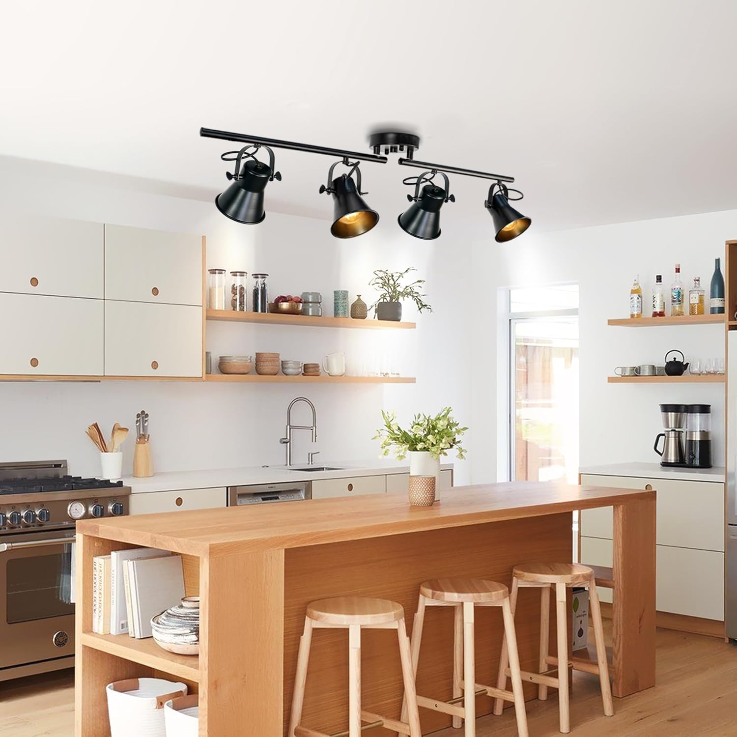 Track Lighting,37inch Track Lighting Fixtures Ceiling 4 Light Large Rustic Farmhouse Track Lights for Kitchen Bar Closet Living Room Industrial SpotLight Fixture Black Directional Rotatable Light Head