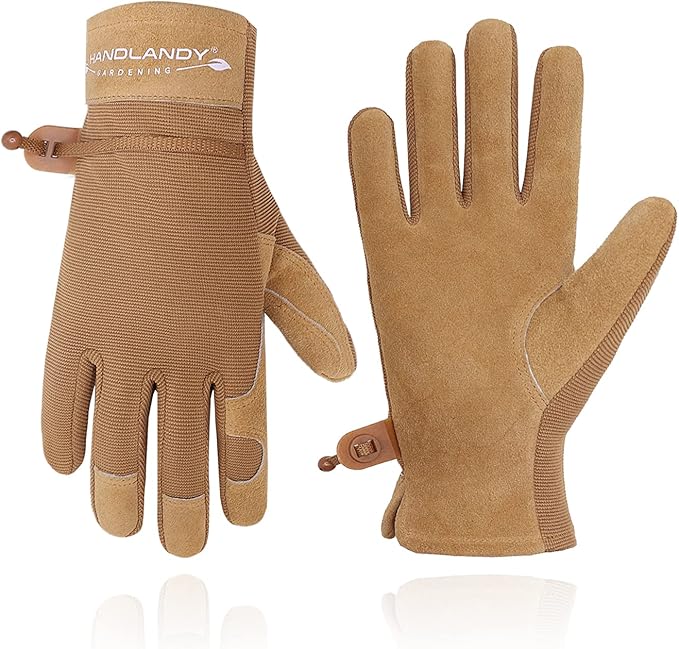 HANDLANDY Work Gloves for Women, Breathable Leather Gardening Glove for Yard Maintenance, Hand Protection with Touch Screen