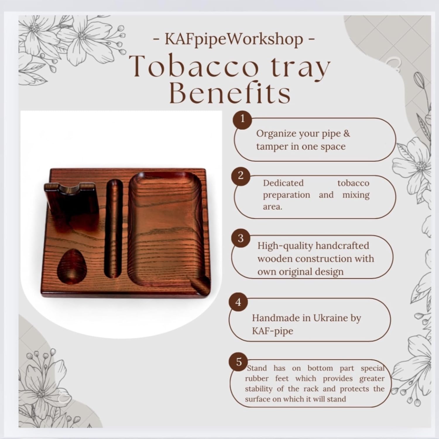 Wooden Tobacco Pipe Stand with Tobacco Mixing Tray and Tamper Slot, Single Pipe Holder