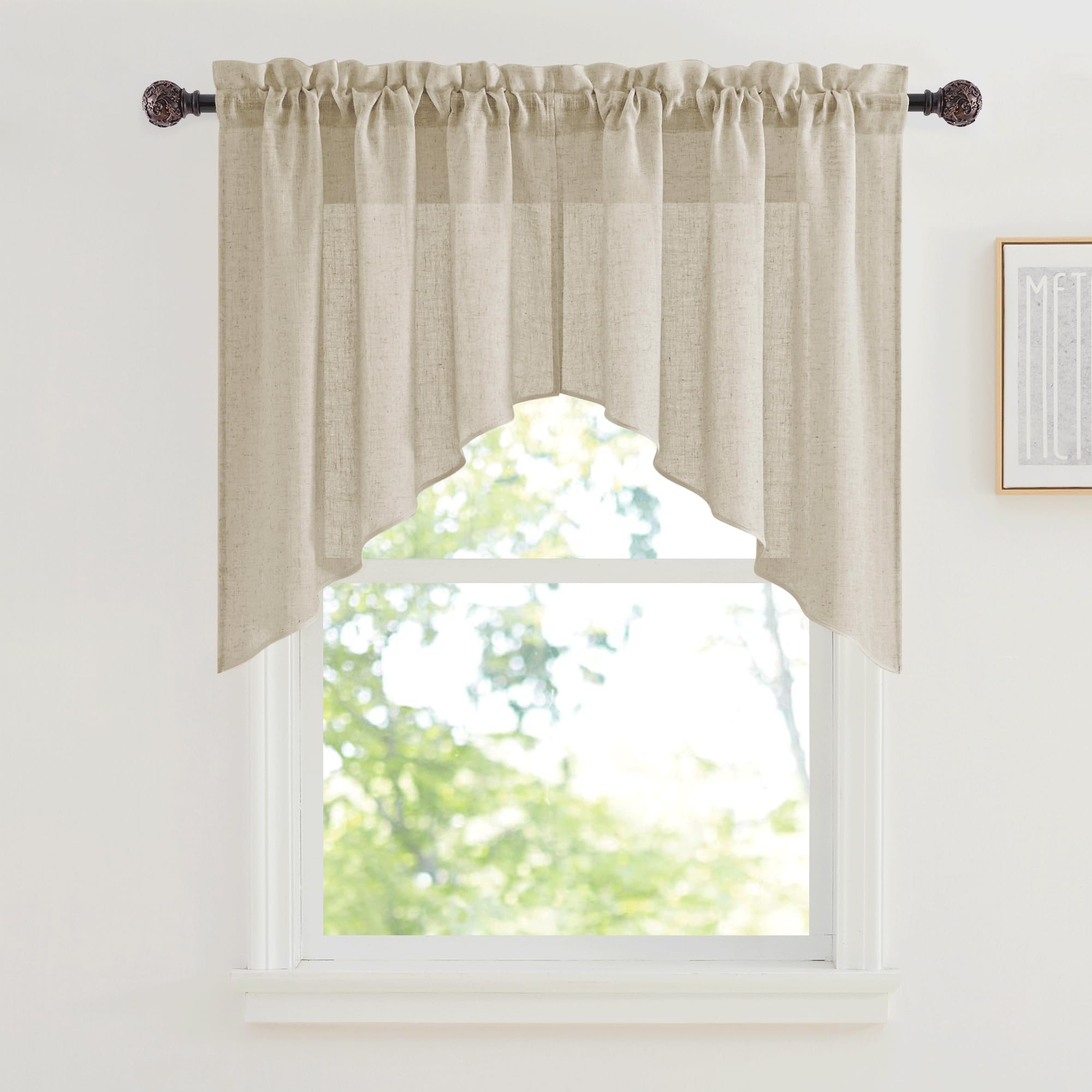 RYB HOME Swag Valances Short Linen Curtains - Semi Sheer Window Topper Tiers, Home Decor Light Filtering for Small Window RV Kitchen Bathroom, W 36 x L 36 inch, Beige, 2 Panels