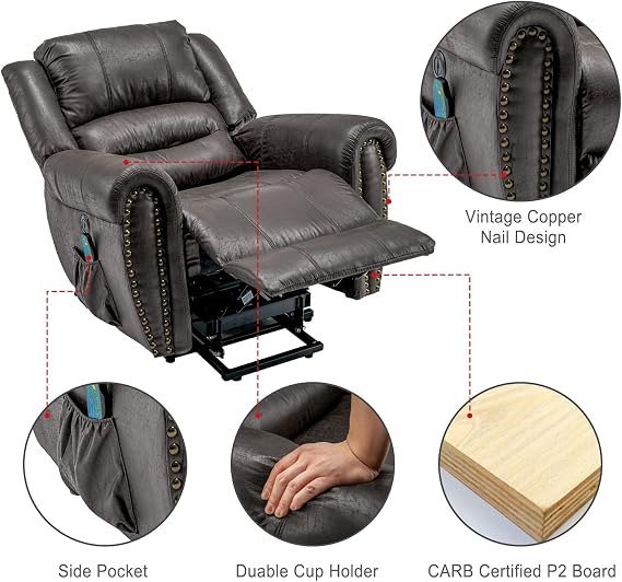 Large Riser and Recliner Chairs Electric for Living Room, Grey | Recliner Armchair, Faux Leather Reclining Chairs for Elderly, Lift Heated Massage Chair with 2 Side Pockets, USB Port