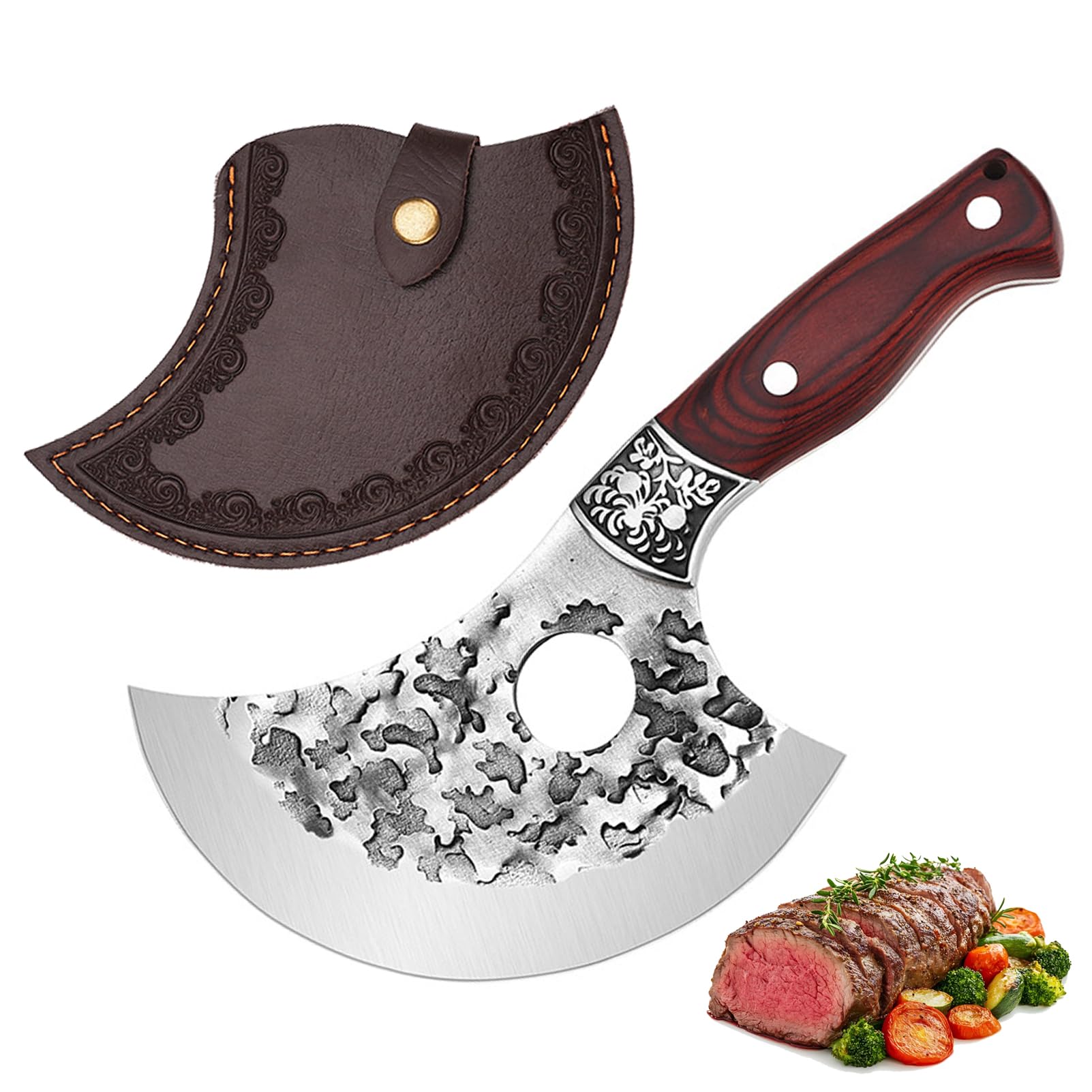 Doklasu Japanese Chef Knife 4 inch Hand Forged Ulu Style Kitchen Knives Full Tang High Carbon Steel 5Cr15MoV Home and Outdoor Cooking Knife with Red Coloured Wooden Handle and Sheath
