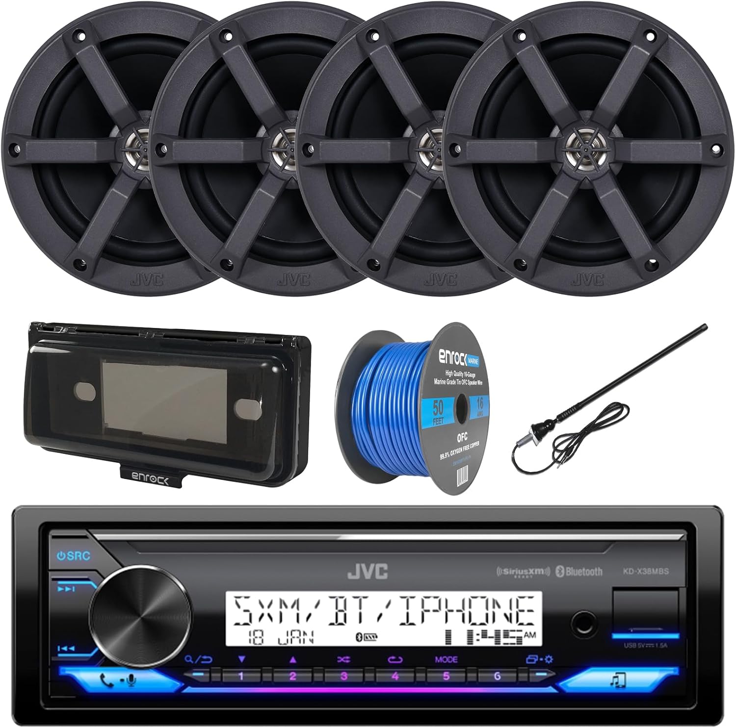 Single DIN Headunit Bluetooth Radio USB AUX AM/FM Digital Media Marine Receiver Bundle Combo with 2 Pairs (QTY 4) 6.5" 2-Way 100 Watts Peak Boat Audio Speakers, Speaker Wire, Antenna, Radio Cover