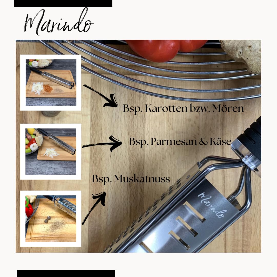 MARINDO Premium Zester 3 in 1 – Reiben, Raspeln & Hobeln | Parmesanreibe, Zitronenreibe, Muskatnuss Reibe, Ingwerreibe u.v.m. | Fein & Grob Edelstahl