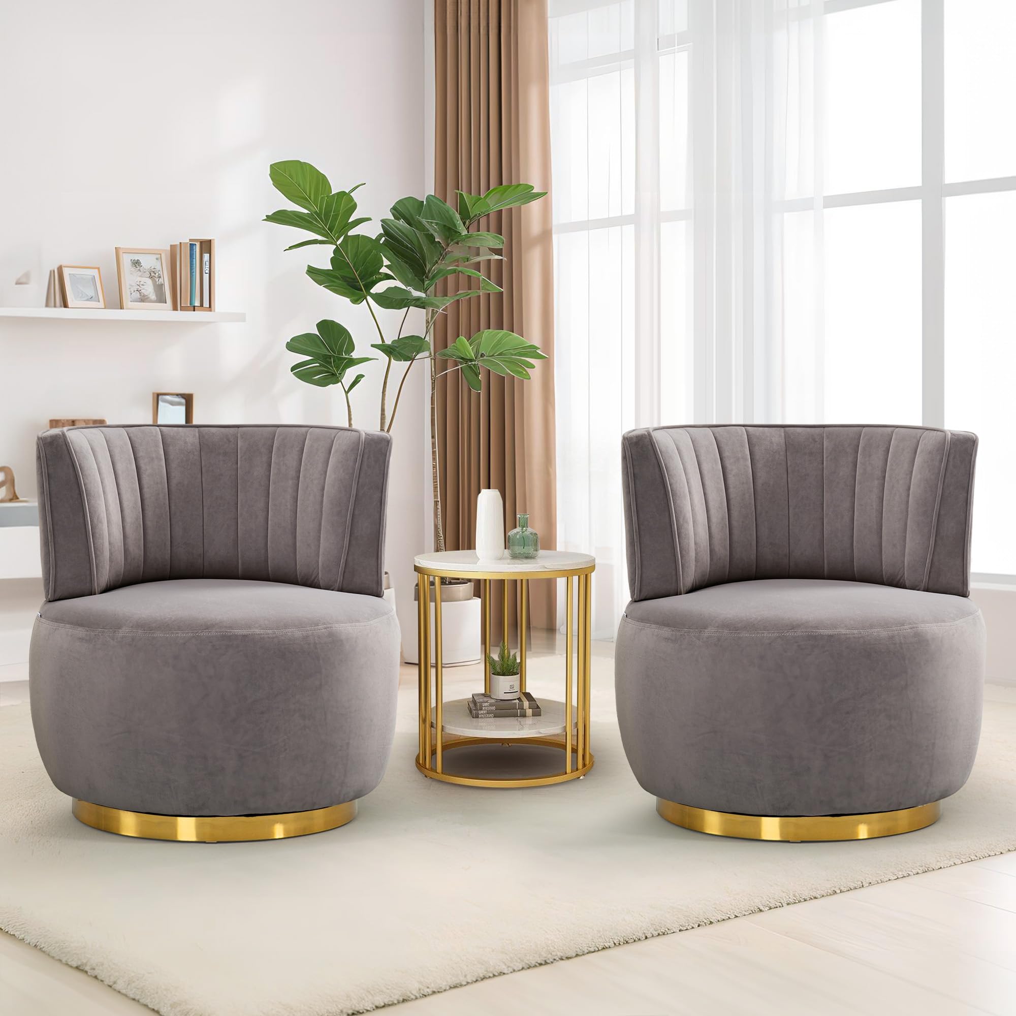SLEERWAY 360° Swivel Barrel Chair Set of 2, Modern Velvet Round Accent Chair, Comfy Upholstered Small Armchair with Gold Metal Base for Living Room