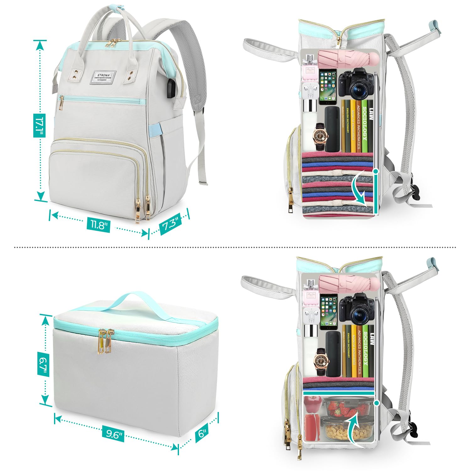 ETRONIK Mochila de almuerzo para mujer, mochila para laptop con puerto USB