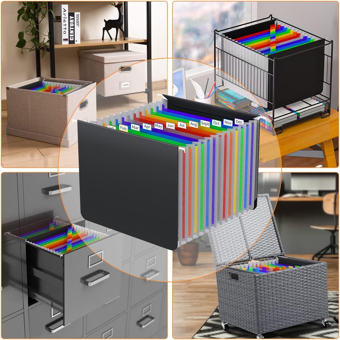 TOPCJ Expanding Hanging File Folders,Plastic Expandable Hanging Folder Letter Size,Filing Cabinet,13 Innovative Accordion Pocket,Alphabetical Tab,Large Capacity,Durable File Organizer 4 Colored