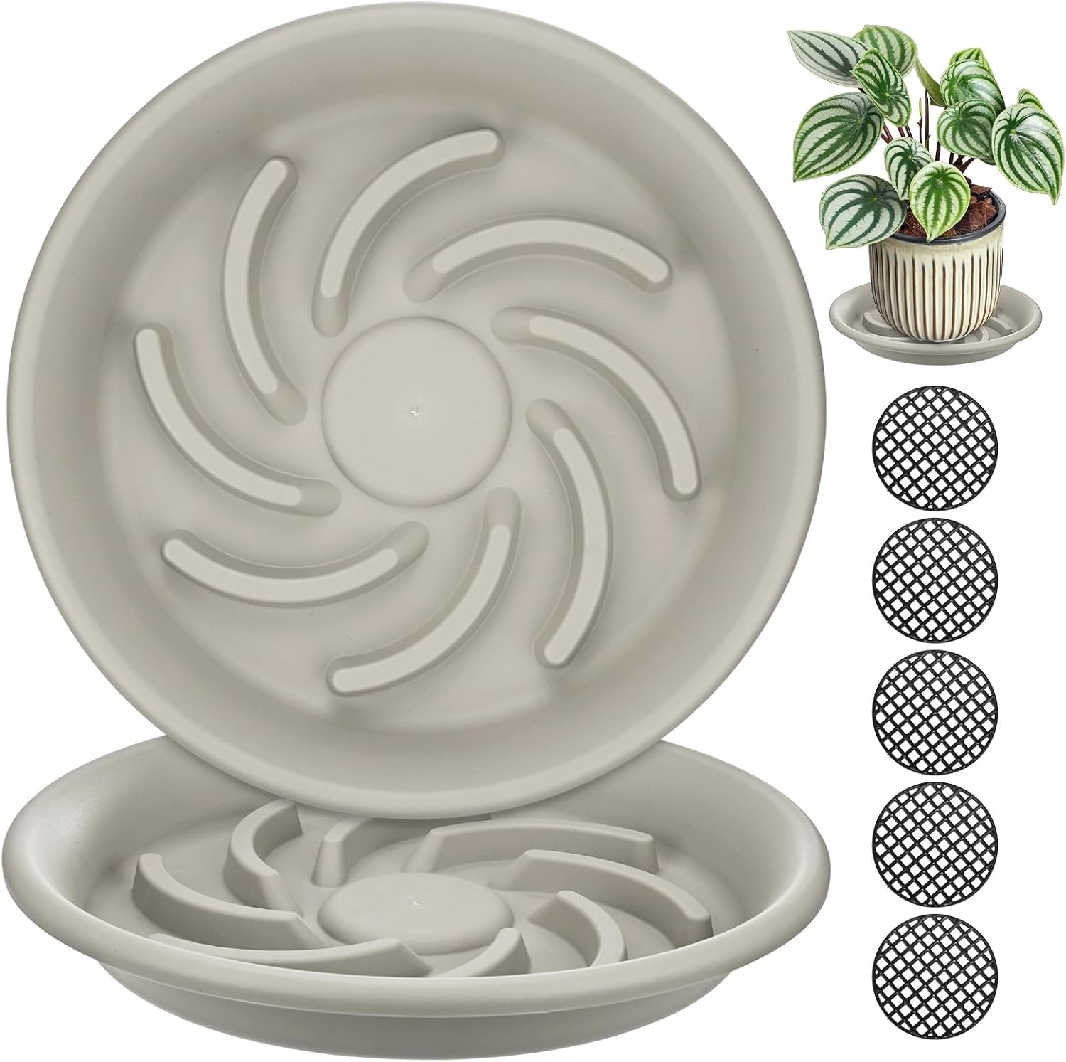 M METERXITY 2-Pack Plant Saucer, 10.4 Inch/ 26.5cm Plastic Plant Trays Thicker for Pots/Indoor/Outdoor/Water Drainage and Protection, Flowerpot Drip Tray [Grayish White]