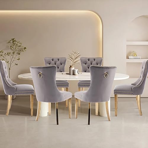 Miniatura 147 de Juego de 6 Sillas de Comedor Tapizadas en Terciopelo, Sillas Laterales de Cocina de Estilo Moderno con Ribete de Tachuelas y Patas de Madera, Anillo