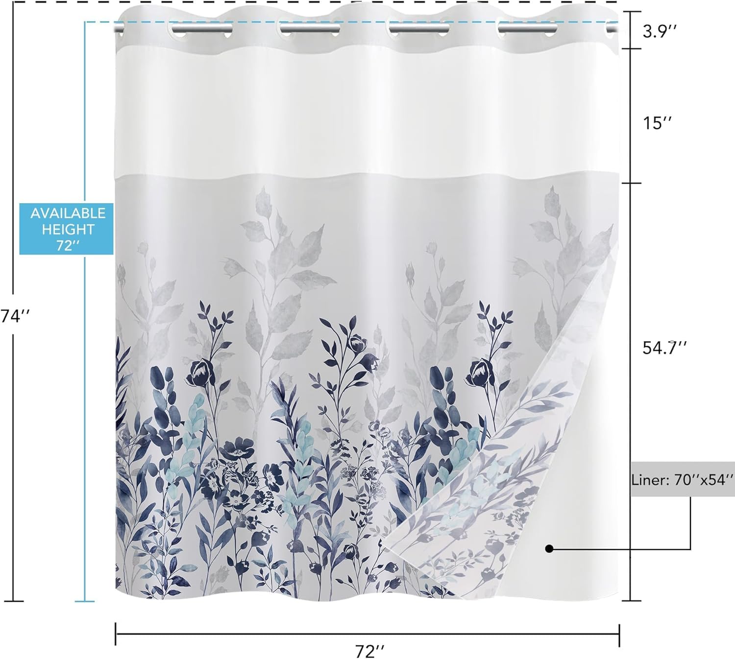 Neasow No Hook Shower Curtain with Snap in Liner, Plant and Flower Curtains with Waterproof Inner Liner for Bathroom, Blue and Grey 72×74 inches