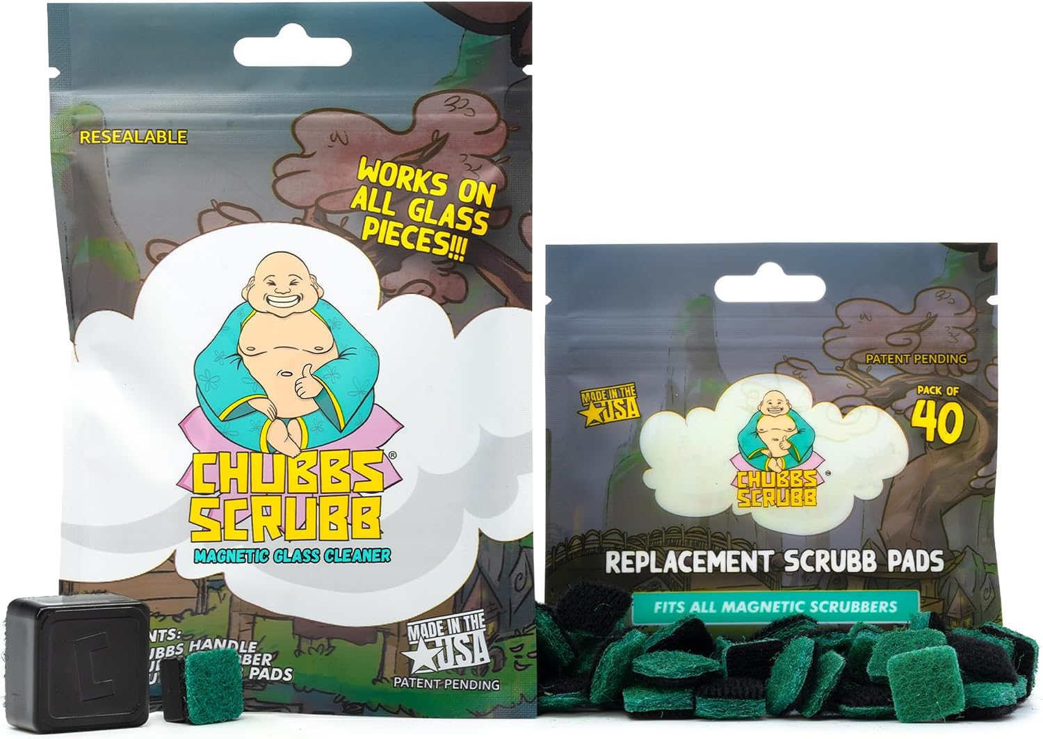 Chubbs Scrubb Magnetic Glass Cleaner with 40-Pack Replacement Scrubb Pads Bundle - Mini Magnetic Scrubber Kit That Removes Tough, Built-Up Stains From Glass, Ceramic & Metal