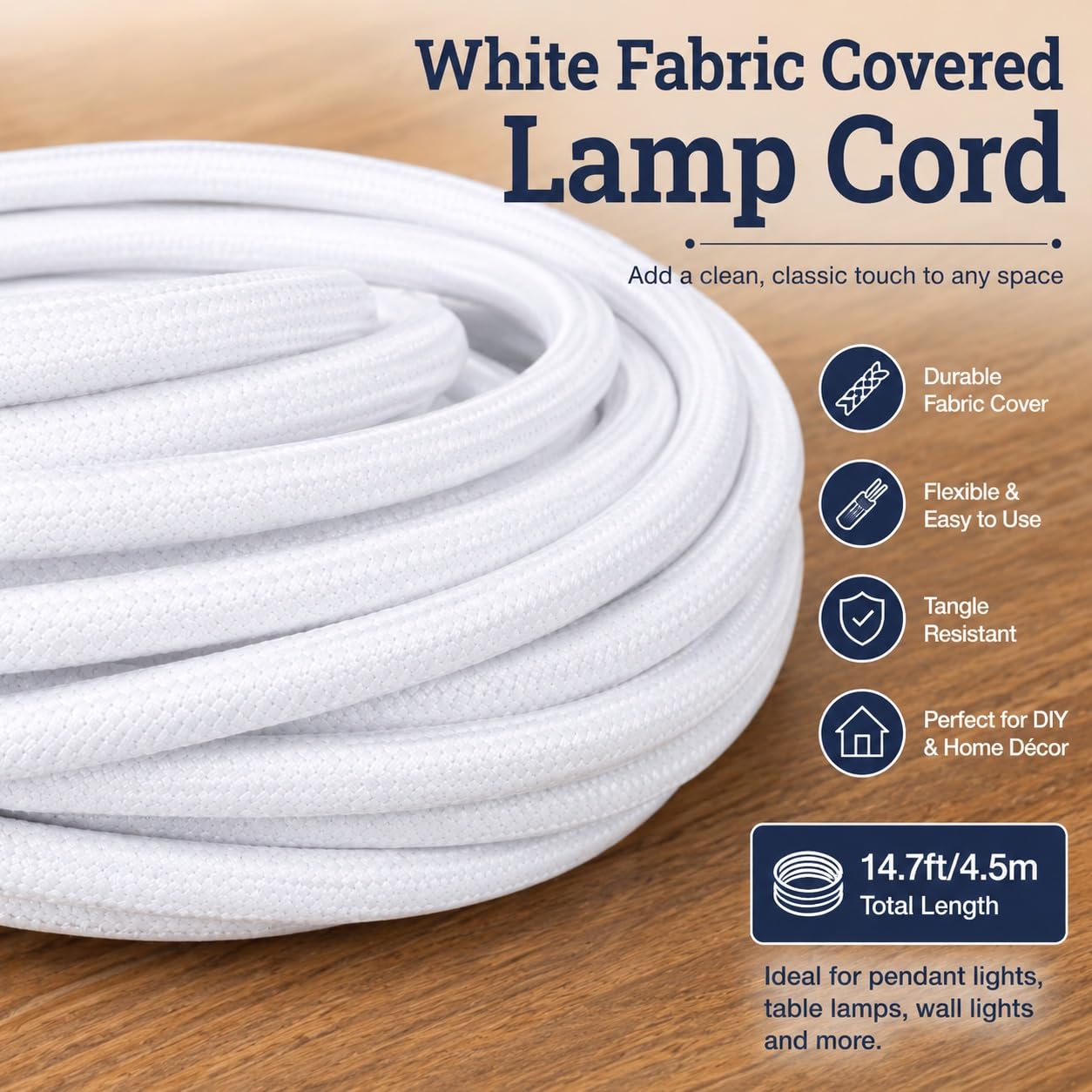 Plug in Fabric Pendant Light Cord with E26/E27 Socket, 15FT Flexible Cable, On/Off Switch, and Lampshade Holder (Fabric White)
