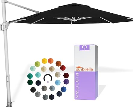 Midtown Umbrellas 10 Ft Outdoor Cantilever Patio Umbrella w/Sunbrella Spectrum Carbon Fabric - Tilt 360 Offset Patio Umbrella, Deck Patio Umbrella, Backyard Umbrella & Garden Umbrella - Silver Frame