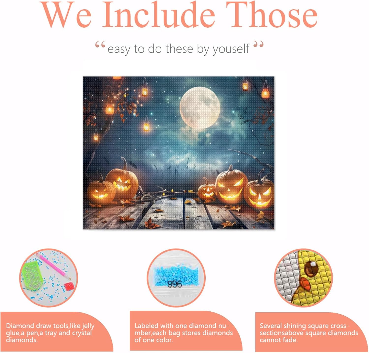 IMLQJES DIY Halloween Diamond Art for Adults - Moon Horror Pumpkin Exquisite Full Square Crystal Gemstone Art Cross Stitch Diamond Painting Kits for Beginners for Room Decor 16x20 Inch