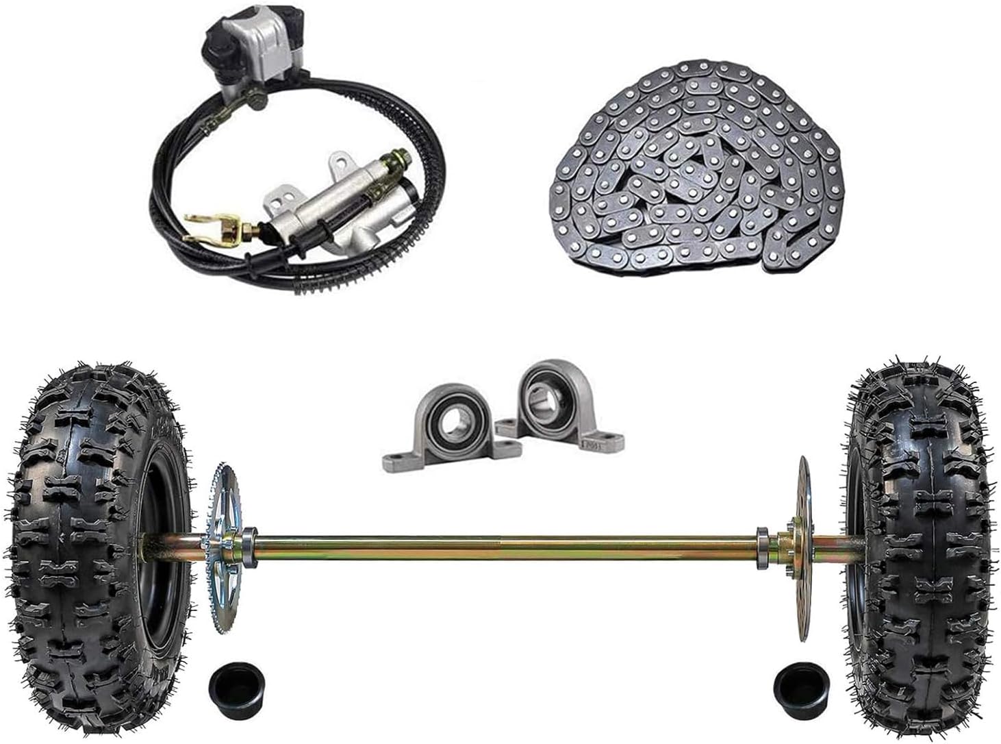 Go Kart Rear Axle Assembly Complete Wheel Hub Kit & Tires With Rim & Brake Assembly & T8F Chain for Quad Trike Drift Bikes