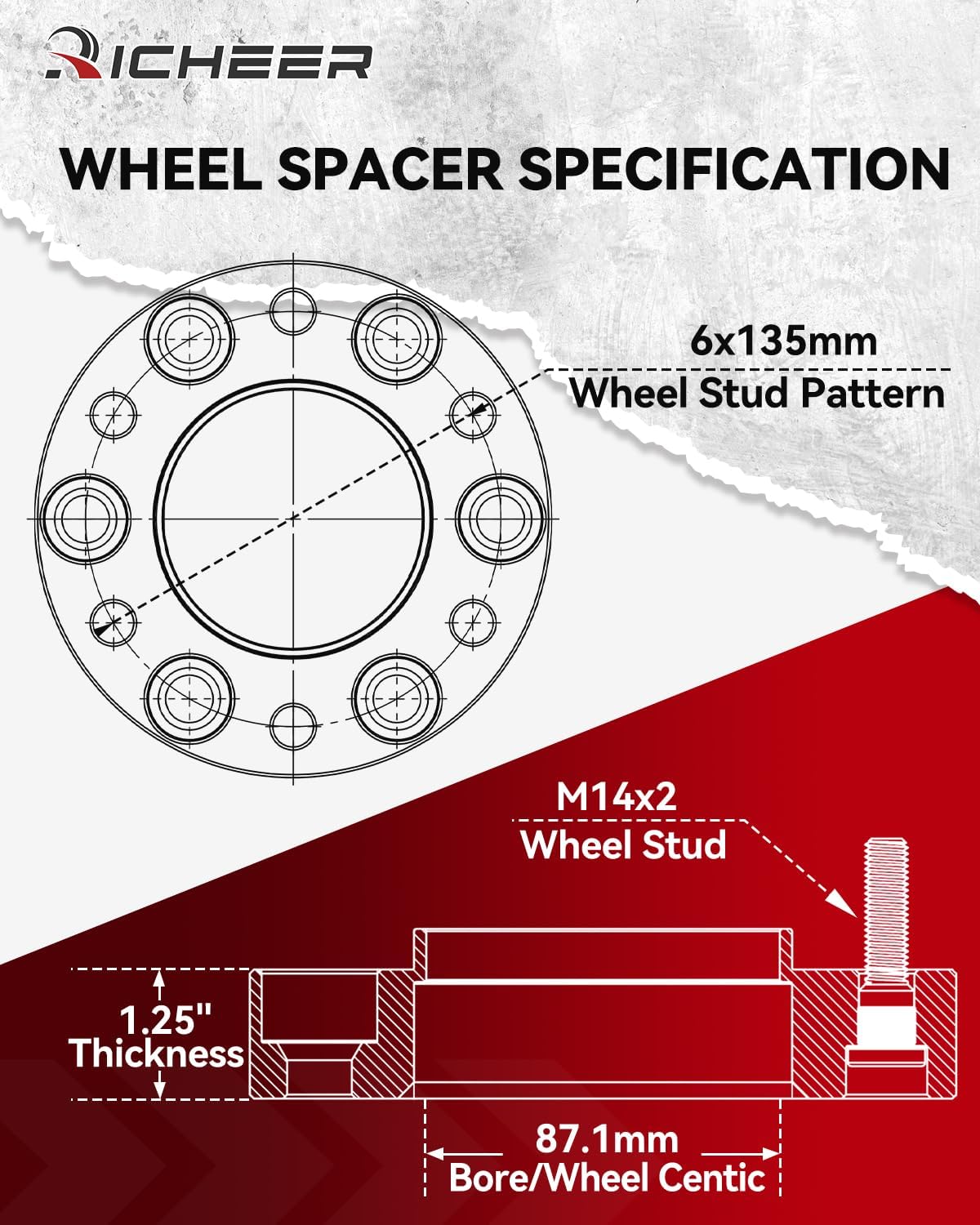 Richeer 1.25'' 6x135 Wheel Spacers for 2004-2014 F150, 6x135mm Hubcentric Wheel Spacer for 2003-2014 Expedition, 2005-2014 Mark LT, 2003-2014 Navigator with 14x2 Studs & 87.1mm Bore