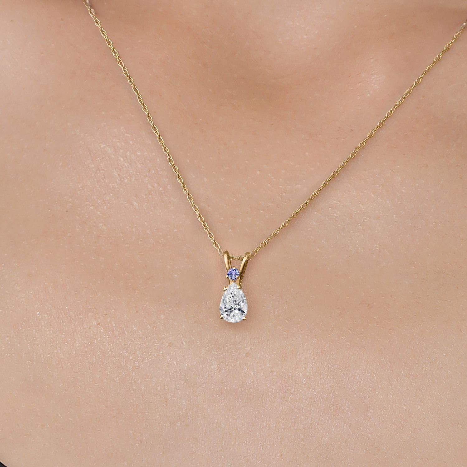Gem Stone King 14K Yellow Gold DEF Lab Grown Diamond and Blue Tanzanite Pendant Necklace for Women | 0.55 Cttw | Gemstone April Birthstone | Pear Shape 7X5MM | With 18 Inch Chain - Image 3