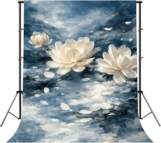 Photography Backdrop Photography Background Watercolor Painting Abstract Blue White Flowers Water Lilies Leaves for Photoshoot Portrait Photo Studio Video Prop Birthday Party Booth Decor 10x8ft