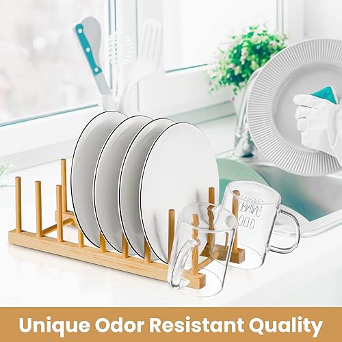 Miniatura 5 de Thenshop Organizador de platos de madera para gabinete, 8 ranuras, estante de secado de platos, soporte para tapa de olla, para tazón, tabla de